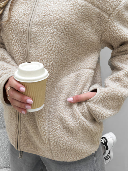 Pieces Zip Front Teddy Fleece Jacket In Beige