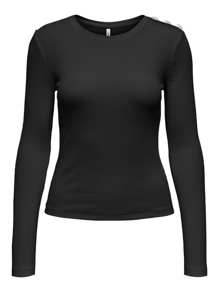 Only Rhinestone Long Sleeve Ribbed Top In Black