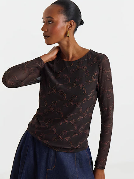 JDY Embroidered Long Sleeve Round Neck Top In Brown