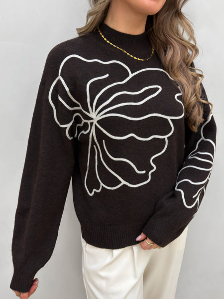 JDY Flower Stitch Jumper In Brown