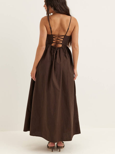 Only Corset Open Tie Back Long Maxi Dress In Chocolate Brown