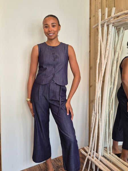 Only Navy Tailored Waistcoat & Wide Leg Cullotte Crop Trouser Co-ord Set - Items Sold Separately