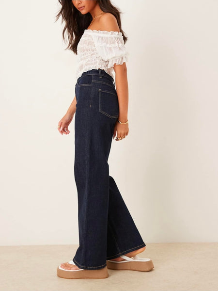 JDY High Waist Wide Leg Jeans In Dark Blue