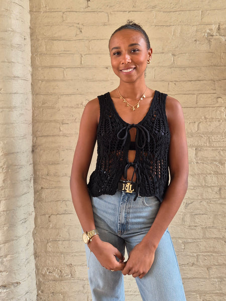 Only Crochet Tie Front Knit Waistcoat In Black