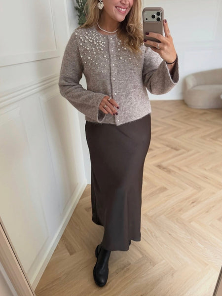 Only Long Sleeve Round Neck Pearl Embellished Cardigan