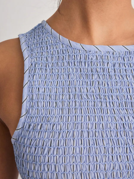 VM Shirred Bodice Midi Dress In Blue Pinstripe