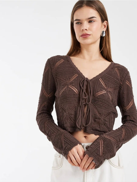 VM Crochet Long Sleeve Tie Front Top in Chocolate Brown