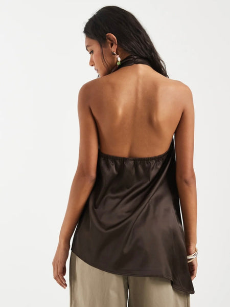 Pieces Asymmetric Satin Halterneck Top In Chocolate Brown