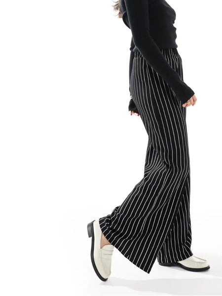 Only Wide Leg Textured Trousers In Black Pinstripe