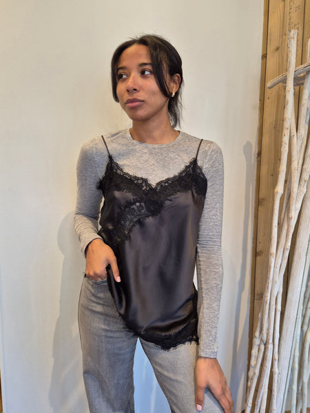 JDY Asymmetric Lace Satin Cami in Black