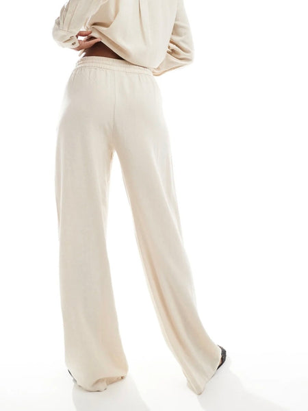 JDY High Waist Wide Leg Linen Trousers In Oatmeal