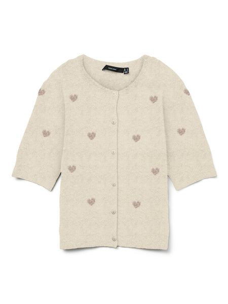 VM Short Sleeve Heart Knit Cardigan In Cream