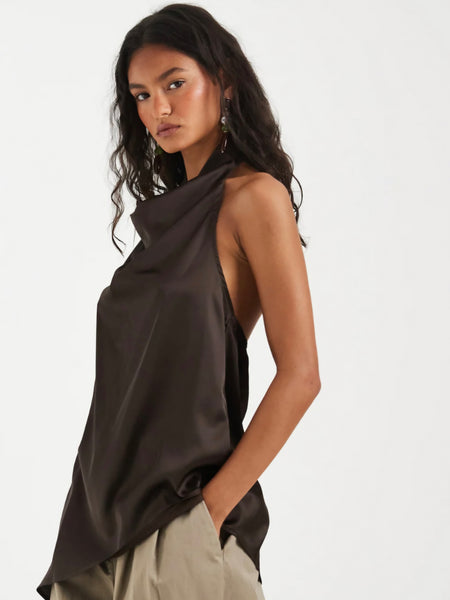 Pieces Asymmetric Satin Halterneck Top In Chocolate Brown