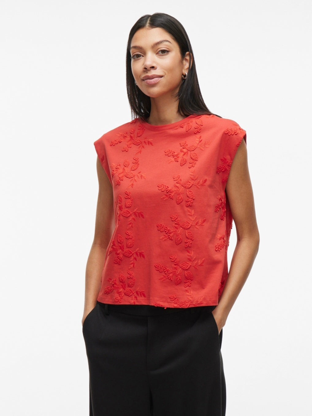 Vila Sleeveless Embroidered Top In Aurora Red