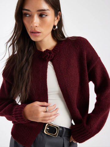 Pieces Rosette Knitted Cardigan In Burgundy