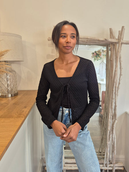 Vila Tie Front Crochet Cardigan In Black