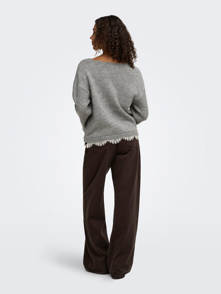 JDY Long Sleeve Vneck Lace Trim Knitted Jumper In Grey