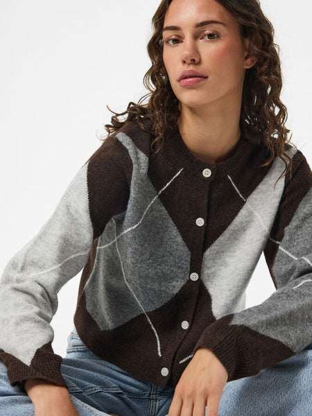 Pieces Argyle Long Sleeve Knit Cardigan In Brown