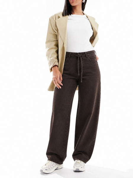 Only Gianna Mid Tie Waist Barrel Leg Jeans In Dark Brown