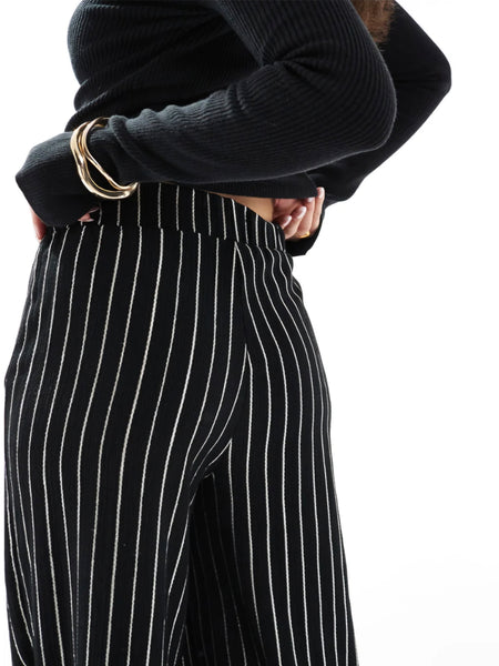 Only Wide Leg Textured Trousers In Black Pinstripe
