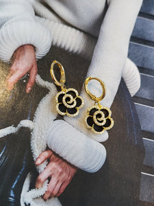 Gold Camellia Drop Hoop Earrings