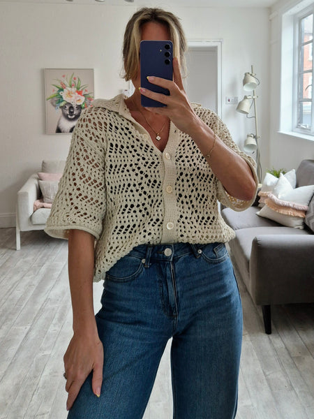 Pieces Short Sleeve Crochet Knit Cardigan