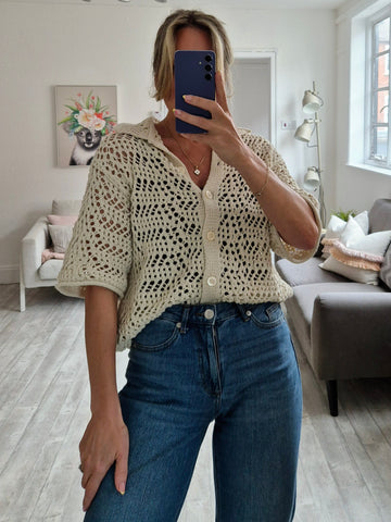 Pieces Short Sleeve Crochet Knit Cardigan