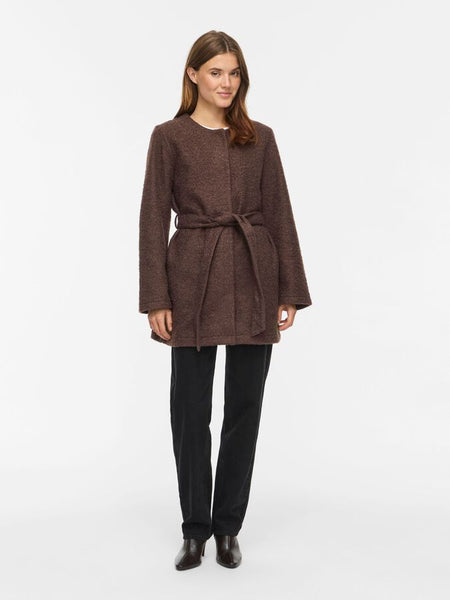 Vila Round Neck Classic Belted Coat In Chocolate Brown