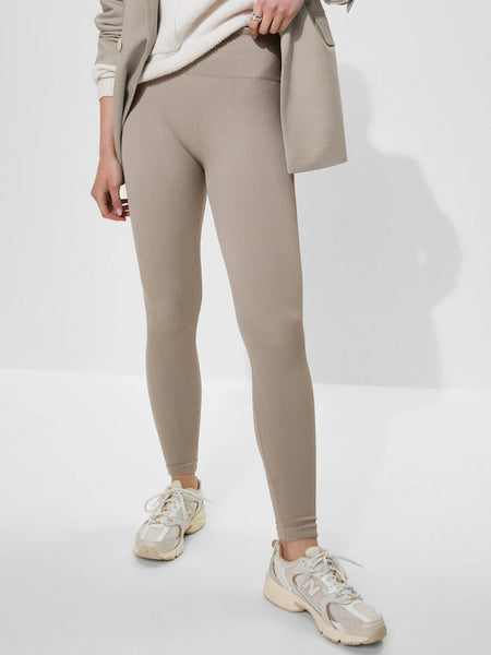 High Waist Seamless Ribbed Leggings In Beige