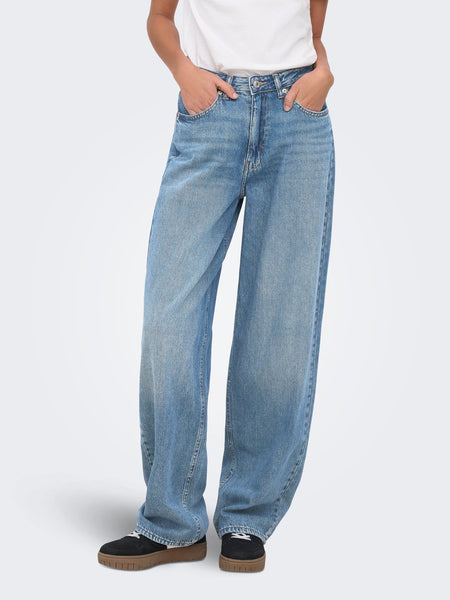 Only Toledo Mid Waist Loose Straight Leg Jeans In Mid Blue