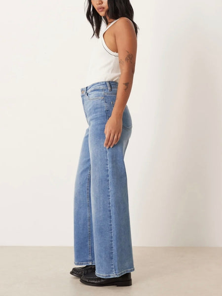 JDY High Waist Wide Leg Jeans In Medium Blue