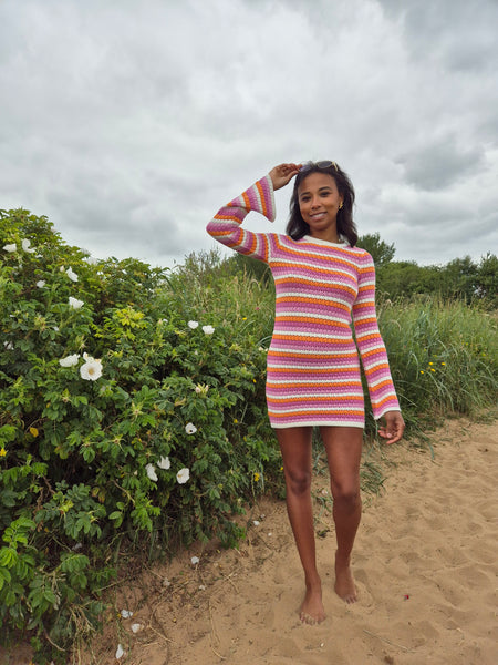 Something New Pink Crochet Long Sleeve Mini Dress