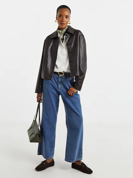 JDY Faux Leather Collared Jacket In Chocolate Brown