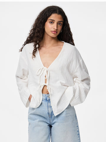 Pieces Tie Front Cheesecloth Shirt In Cloud Dancer