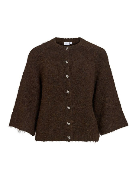 Vila 3/4 Sleeve Knitted Cardigan In Brown