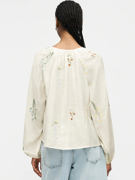 VM Floral Embroidered Tie Neck Long Sleeve Blouse