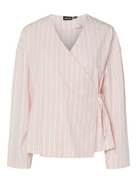 Pieces V-neck Collarless Wrap Shirt In Pink Pinstripe