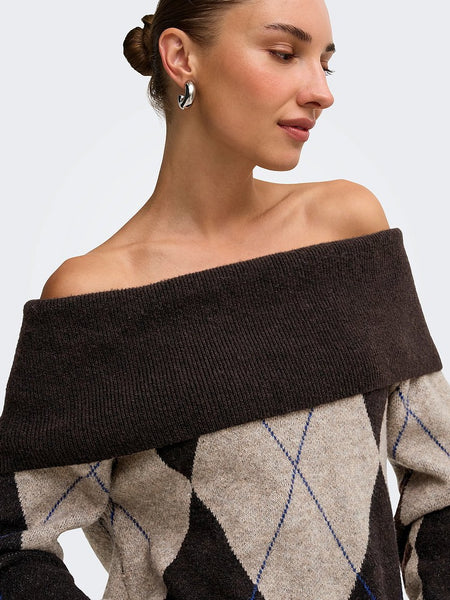 Only Off The Shoulder Argyle Check Knit Jumper In Brown