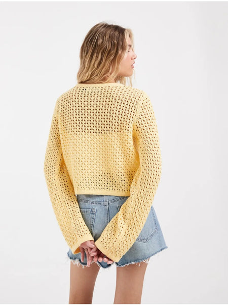 VM Crochet Knit Floral Corsage Cardigan In Yellow