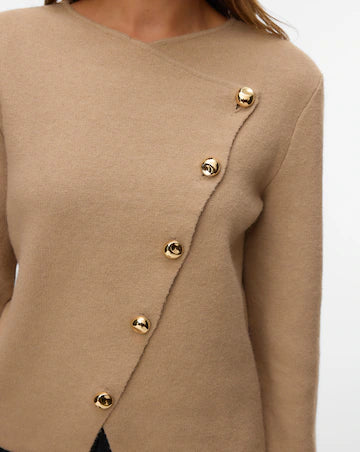 Vm Asymmetric Gold Button Front Long Sleeve Knitted Top