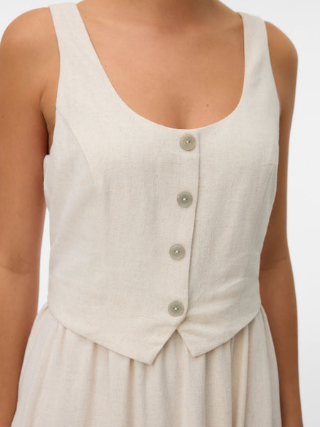 VM Linen Sleeveless Waistcoat Mini Dress In Oatmeal