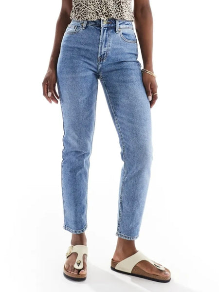 Only Emily High Waist Straight Leg Jeans In Mid Blue