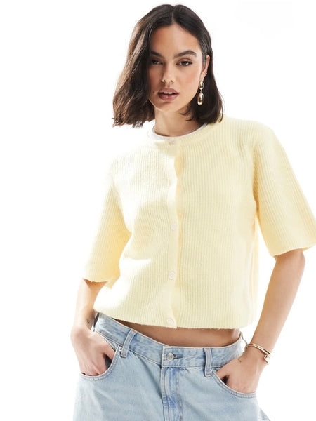 Pieces Soft Knit Short Sleeve Cardigan In Lemon
