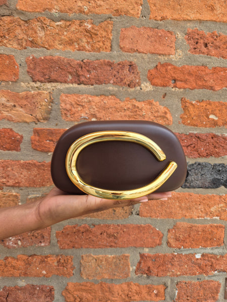 Chain Strap Hard Shell Chocolate Brown Clutch Bag With Gold Grab Handle