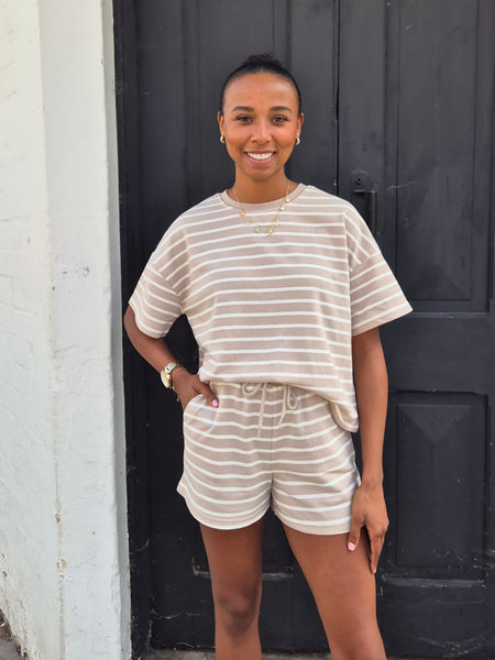 Pieces Beige Stripe Jersey T-shirt & Short Co-ord Set - Items Sold Separately