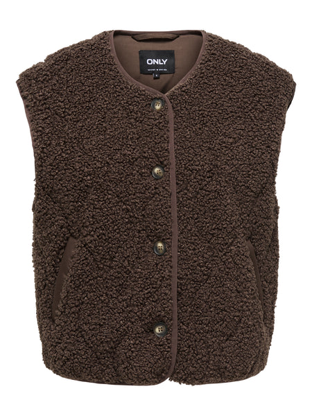 Only Button Front Teddy Gilet Waistcoat In Chocolate Brown