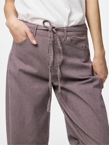 Pieces Brown Pinstripe Barrel Tie Waist Jeans