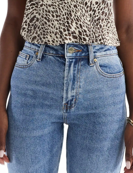 Only Emily High Waist Straight Leg Jeans In Mid Blue