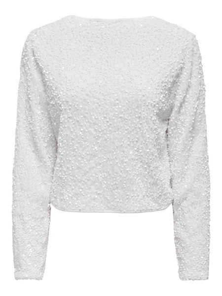 Only Sequin Long Sleeve Tie Front Reversible Top In Cream