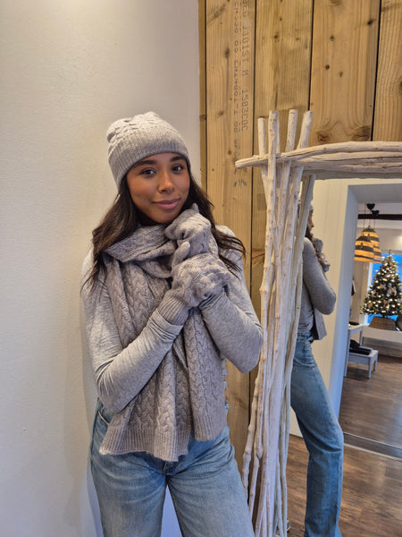JDY Cable Knit Scarf, Hat & Mittens Set In Grey - Items Sold Separately